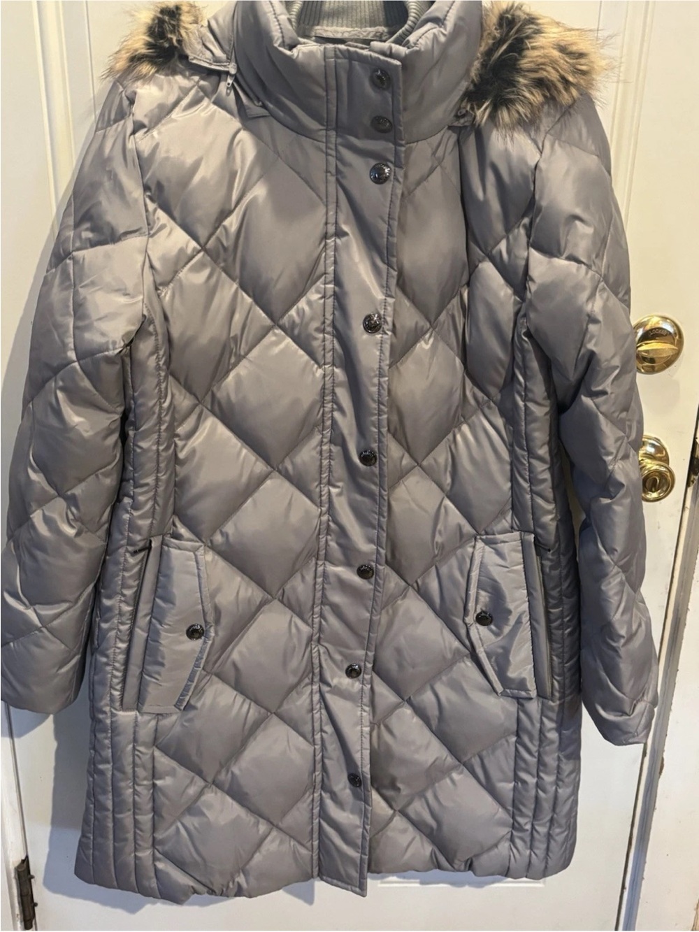 London Fog Quilted Gray Puffer Coat with Faux Fur Trim